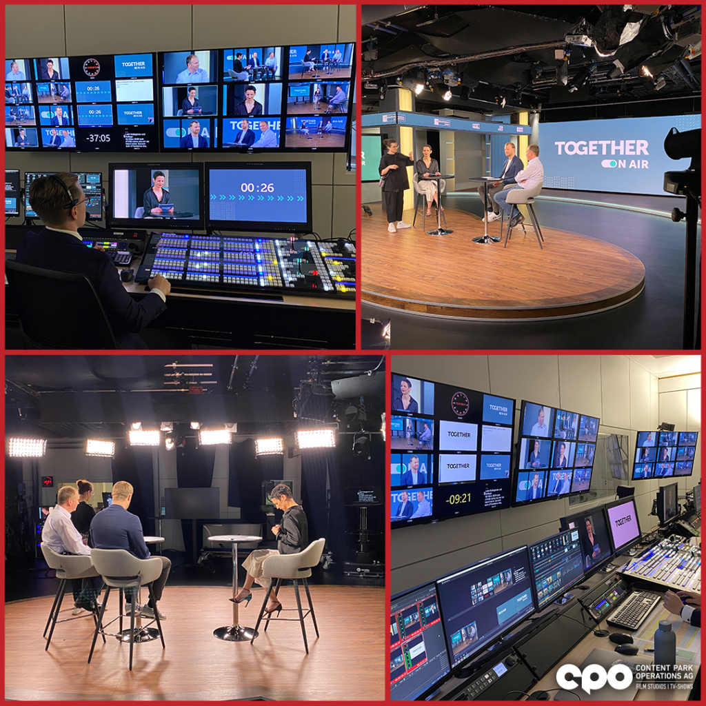 A collage of 4 images. The first showing a TV studio's control room. The second showing a TV studio set for MFM. A third showing the lit up set. A fourth showing the control room of a TV studio.